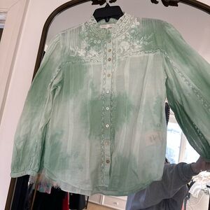 Love Shack Fancy Green Tie Die Embroidered Women's Top